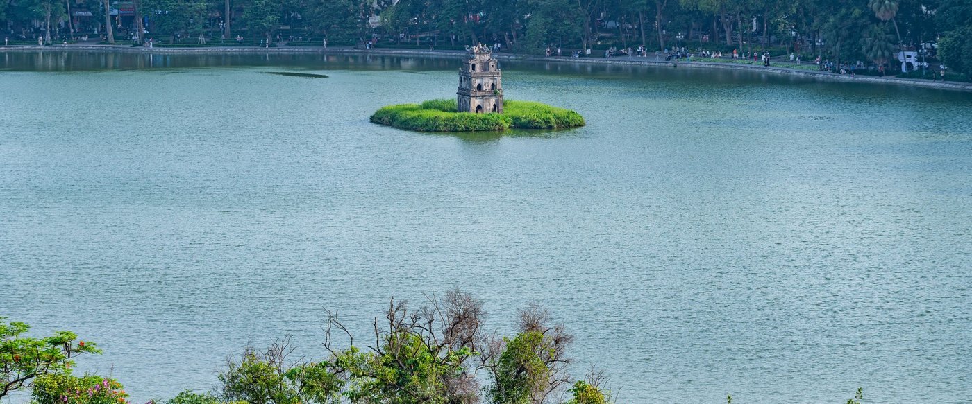 Turtle Tower on Hoan Kiem Lake seen from above, Hanoi