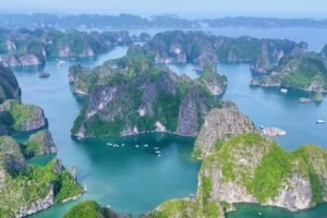 Aerial view of the limestone islands of Lan Ha Bay