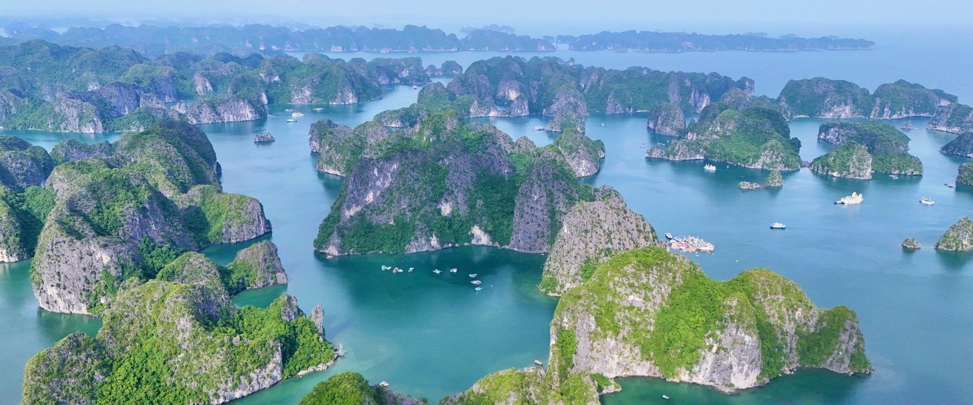 Aerial view of the limestone islands of Lan Ha Bay