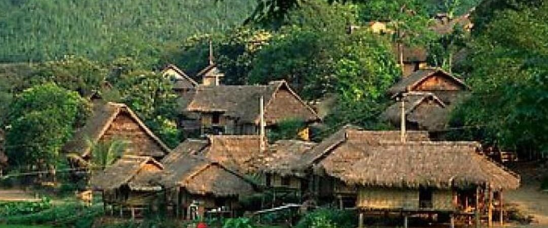 Stilt-house village and rice fields in Mai Chau