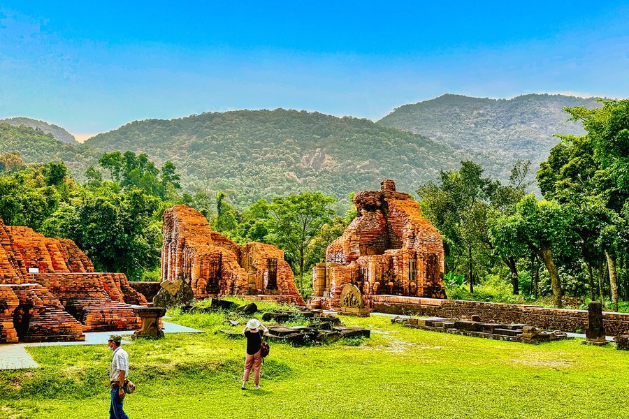 Temple towers and mountains at My Son Sanctuary