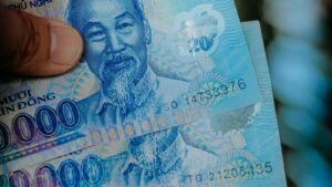 A hand holding Vietnamese 20,000 dong banknotes