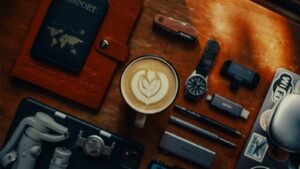 Passport in a leather cover beside a coffee and travel gear, ready for a Vietnam e-visa application